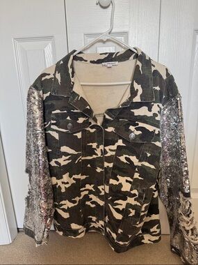 MACARON Green and Cream Camo Jean Jacket with Silver Sequin Sleeves